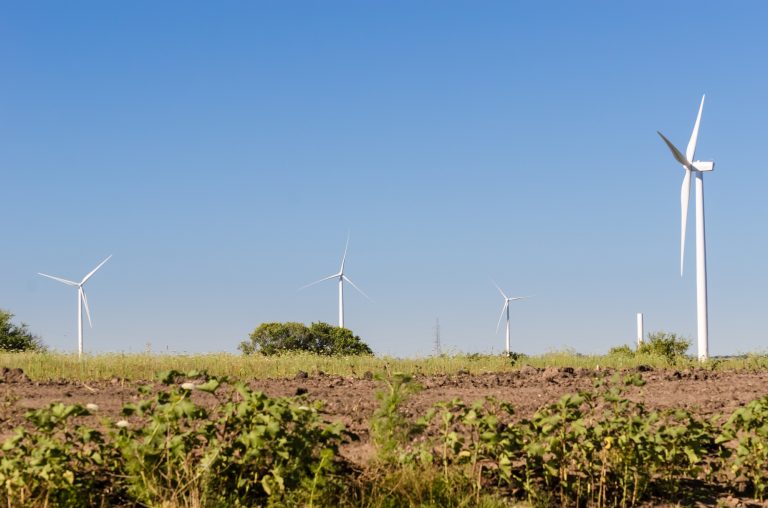Group of modern windmills in the countryside near Tarariras, Colonia